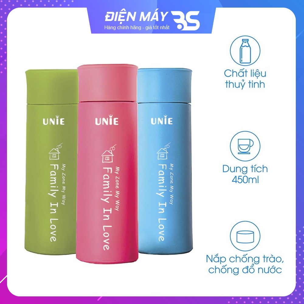 Bình nước thủy tinh bọc nhựa giữ nhiệt, dung tích 450ml, nắp có gioăng cao su chống trào