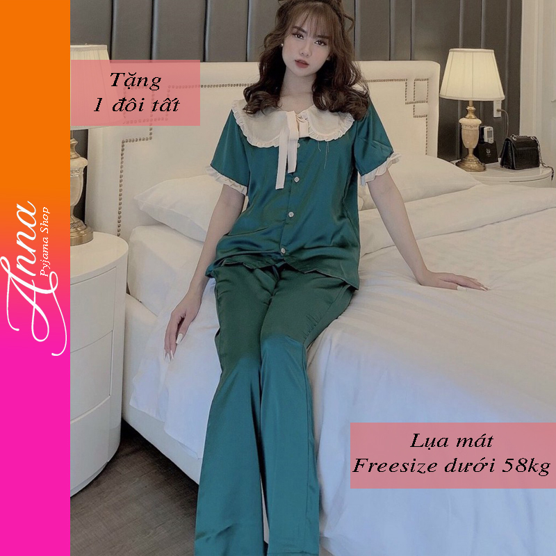 Bộ đồ ngủ nữ pijama lụa ngắn tay quần dài, đồ bộ mặc nhà dễ thương cổ bèo tiểu thư. Đồ bộ ngủ quần dài tay ngắn dễ thương