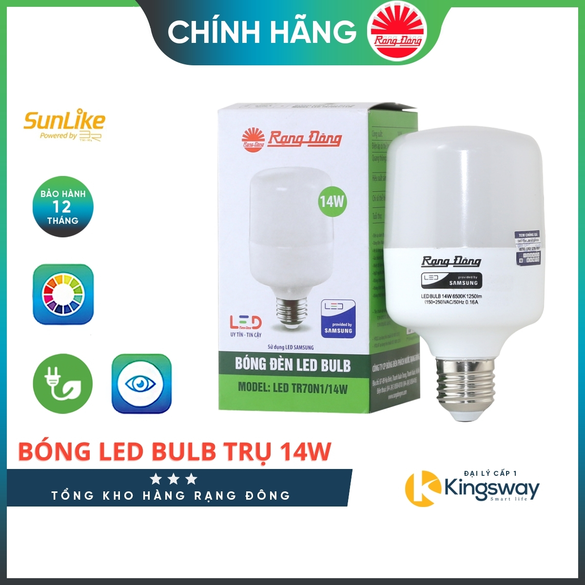 Bóng đèn rạng đông, led bulb trụ tr70n2/14w, đui e27-6500k, chip led ss