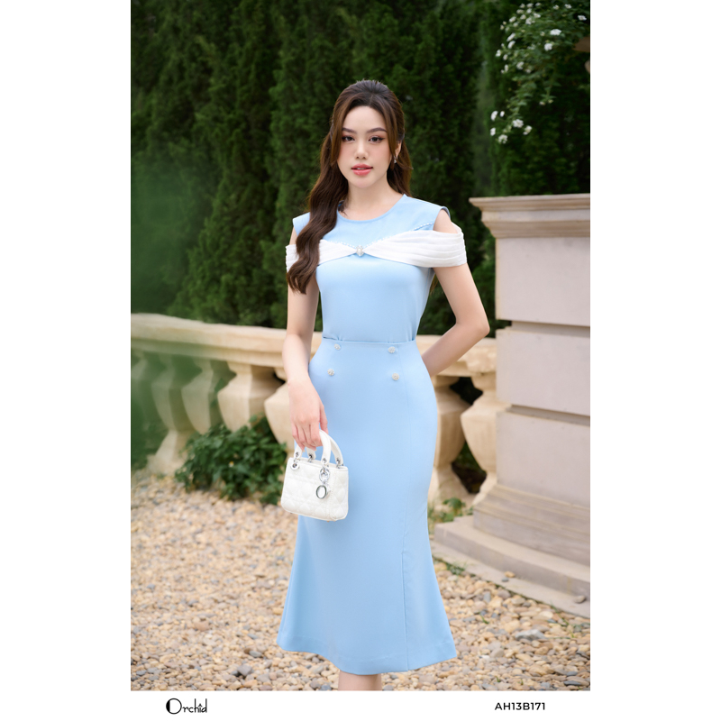Set áo trệt vai nơ trắng phối chân váy đuôi cá sang trọng Orchid - AH13B171