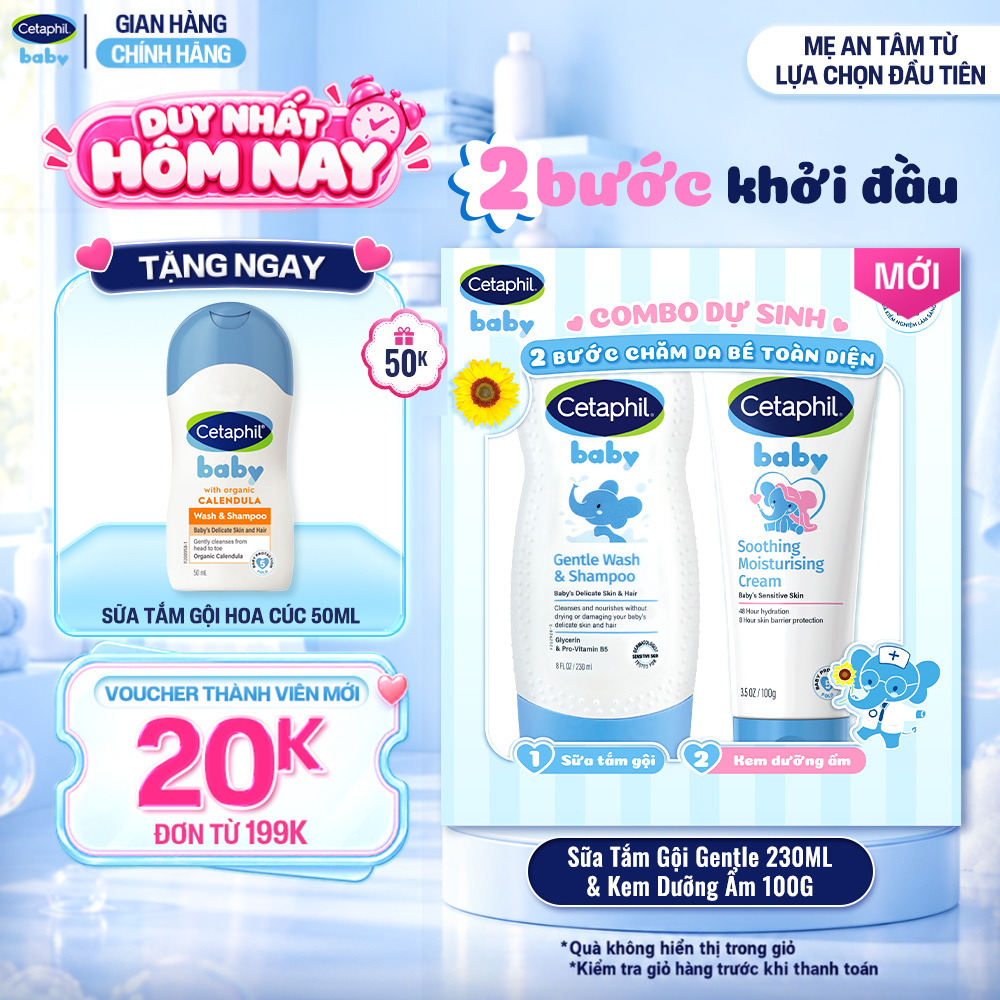[COMBO DỰ SINH] Sữa tắm gội dịu lành cho bé CETAPHIL BABY GENTLE 230ML  Kem dưỡng ẩm và làm dịu đa năng cho bé 100G