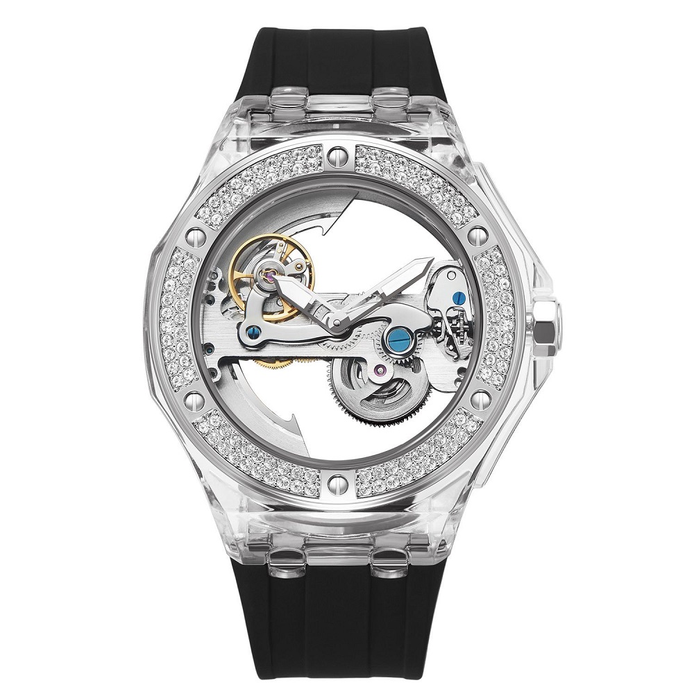 [HCM]Đồng Hồ Davena Nam Automatic D31592 Mặt Lộ Máy Trong Suốt Dây Silicon Đen 42mm Silver