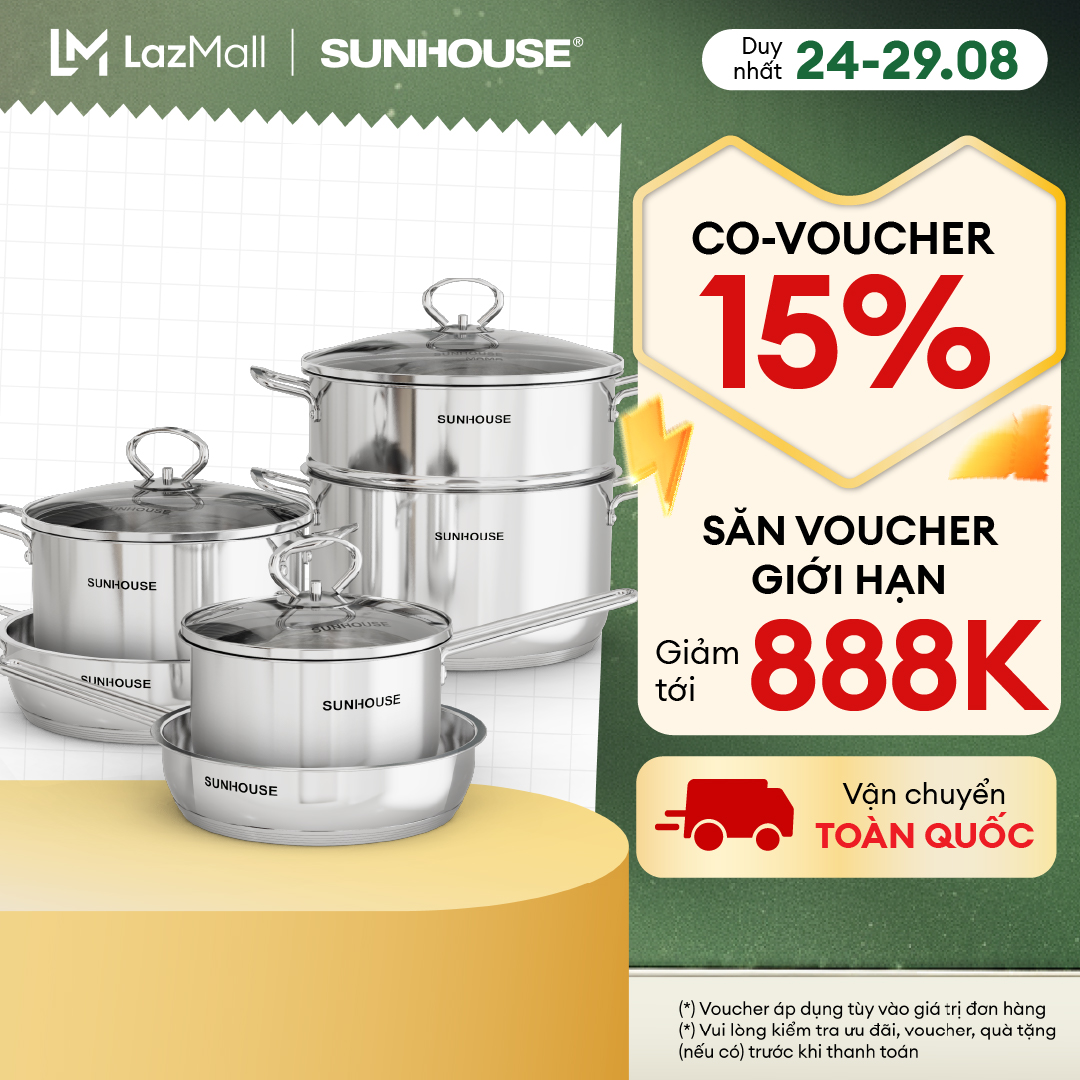 Bộ nồi chảo inox 5 đáy sunhouse am500 6 món - inox 304 cao cấp - dùng được cho mọi loại bếp