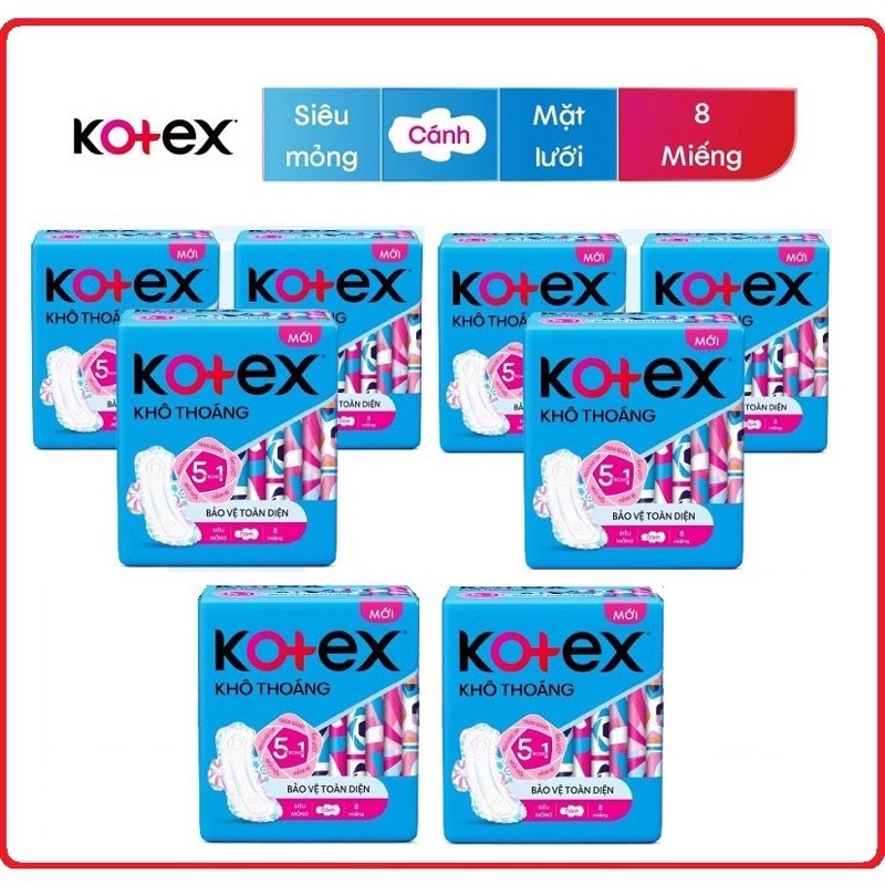 ( CÓ CÁNH) Băng vệ sinh Kotex KHÔ THOÁNG  Maxi cánh 8 miếng  kháng khuẩn CÓ CÁNH 5in1