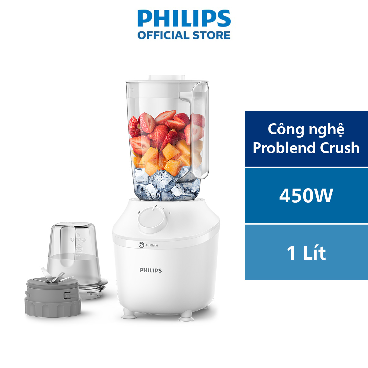 Máy Xay Sinh Tố Philips HR2041/10 450W Lưỡi Dao Xay Sắc Bén Có Thể Nghiền Đá-Xay Nhuyễn Mịn, Không Vón Cục Trong 45 Giây*-Hàng Phân Phối Chính Hãng