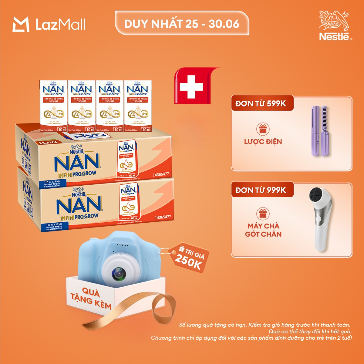 [Chỉ 25-30.06 QT Đơn 599K/999K][Tặng Máy chụp ảnh] Combo 2 Thùng 36 hộp sữa pha sẵn Nestle NAN INFINIPRO GROW với công thức vượt trội kết hợp sữa A2 và HMO hỗ trợ tiêu hóa, đề kháng và phát triển thể chất (4x110ml)