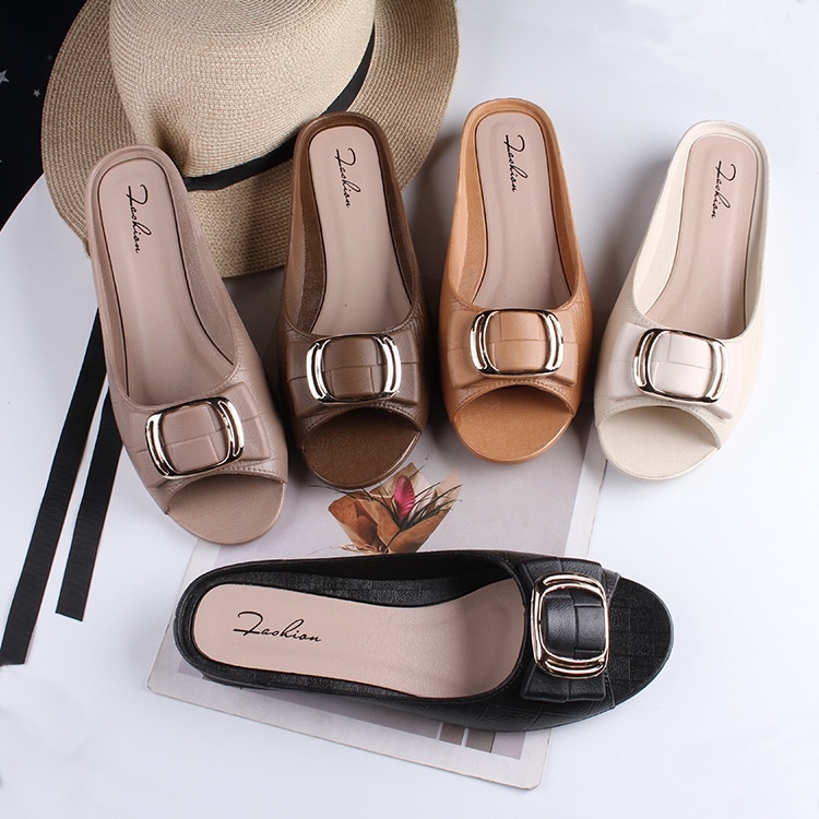 LJ Dép Sandal Bít Mũi Đế Dày Phối Khóa Vuông Thời Trang Mùa Hè Phong