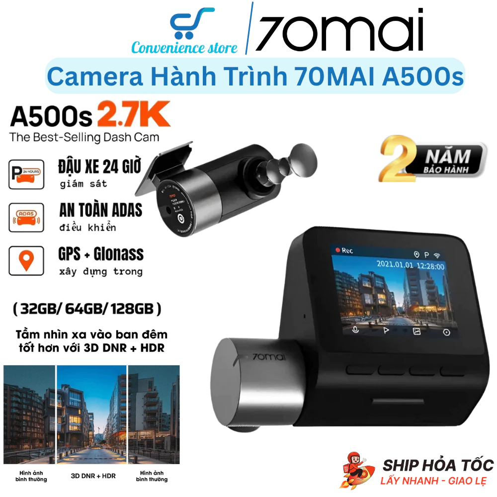 Camera Hành Trình 70mai A500s 2K Quốc Tế Cảm Biến Sony Cảnh Báo Va Chạm Lệch Làn GPS Báo Tốc Độ