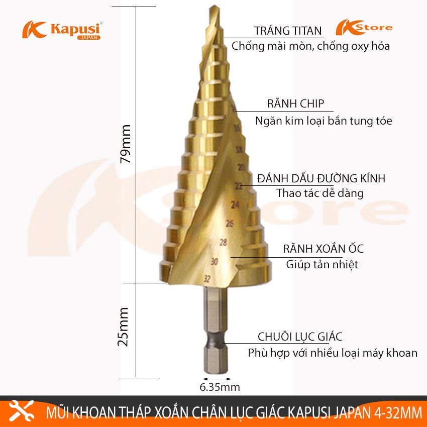 MŨI KHOAN THÁP XOẮN KAPUSI JAPAN 4-32MM CHUÔI LỤC GIÁC - MŨI KHOAN TẦNG TIÊU CHUẨN NHẬT BẢN - MŨI KHOANG BƯỚC ĐA NĂNG THÉP HSS CAO CẤP