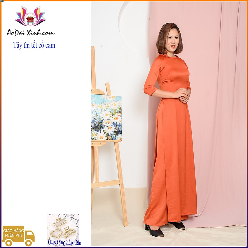 Bộ áo dài truyền thống , Cổ tròn tay lỡ, Lụa cao cấp, màu cam đồng.