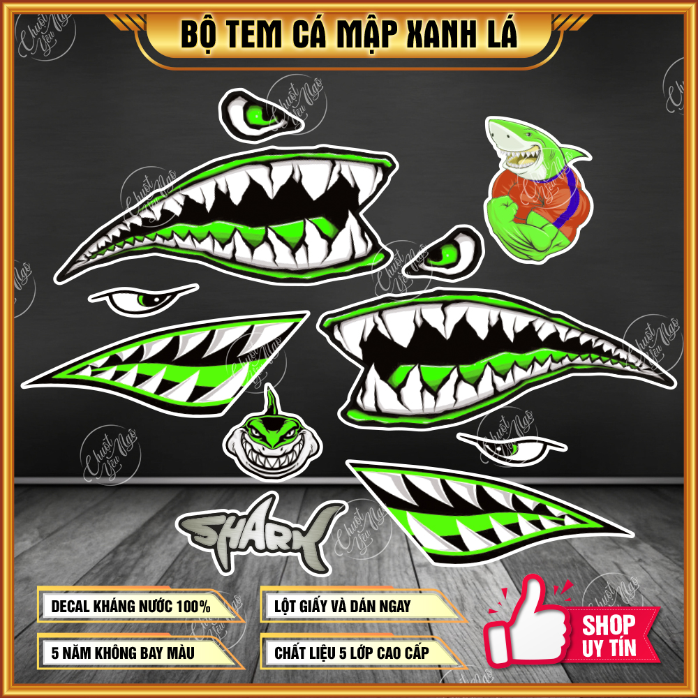 Bộ tem hàm cá mập màu xanh lá sticker hình dán trang trí xe laptop