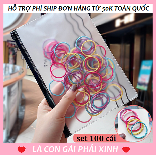 Set 100 dây cột tóc trơn Mix 5 màu kèm túi zip