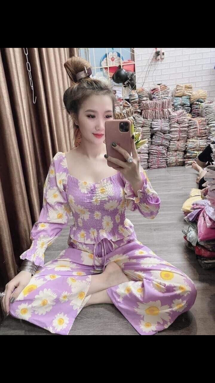 Set bộ voan lụa hoa cúc nhún bèo dài quần ống rộng MTB58