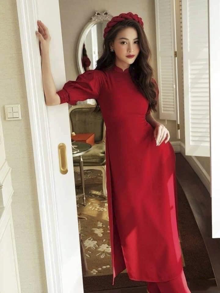 Áo dài thiết kế tay phồng hàng lụa cao cấp nguyên bộ