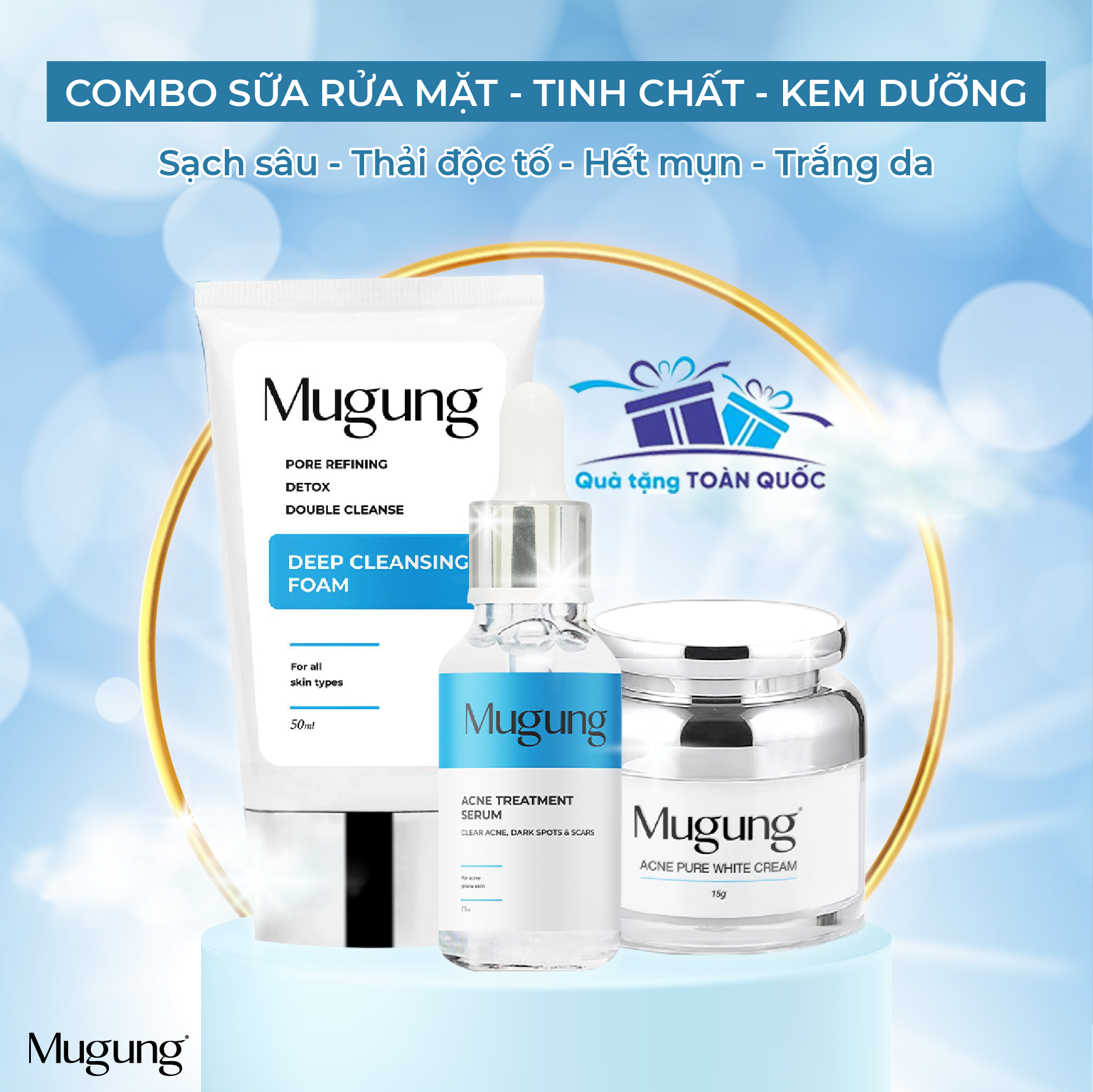 [QUÀ TẶNG MÃ GIẢM GIÁ MUGUNG ] Combo Bộ 3 ngăn ngừa mụn Serum Acne Treatment, Kem dưỡng da phục hồi và sữa rửa mặt không bong da bí quyết sạch bay mụn thâm,mụn bọc,mụn trứng cá, dành cho mọi loại da 15ml và 15gram