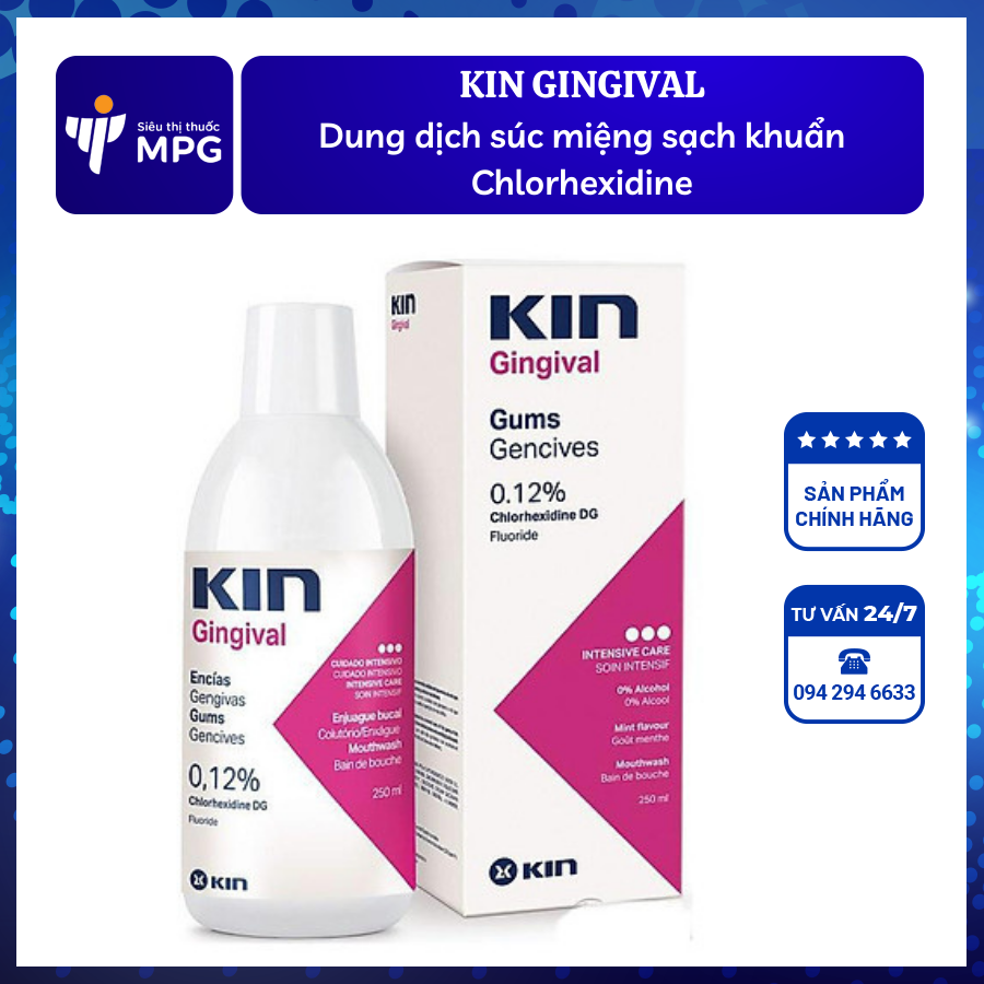 Kin gingival 250ml: dung dịch súc hầu họng sạch khuẩn 0.12% chlorhexidine