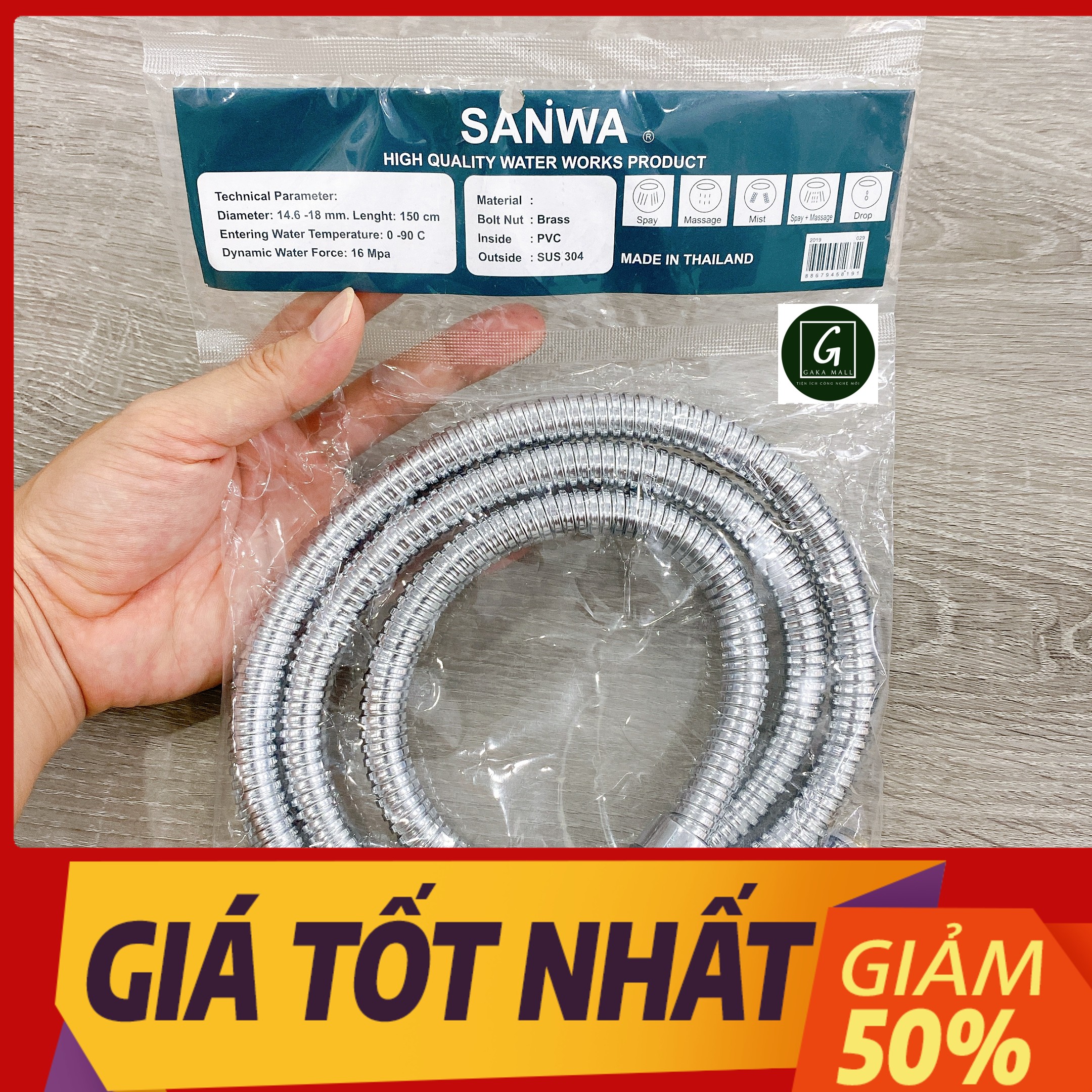 Dây Sen Tắm Sanwa inox 304, Nhập Khẩu Thái Lan, BH 1 Năm, Dài 1.5m, Lõi Đồng, Chống Xoắn
