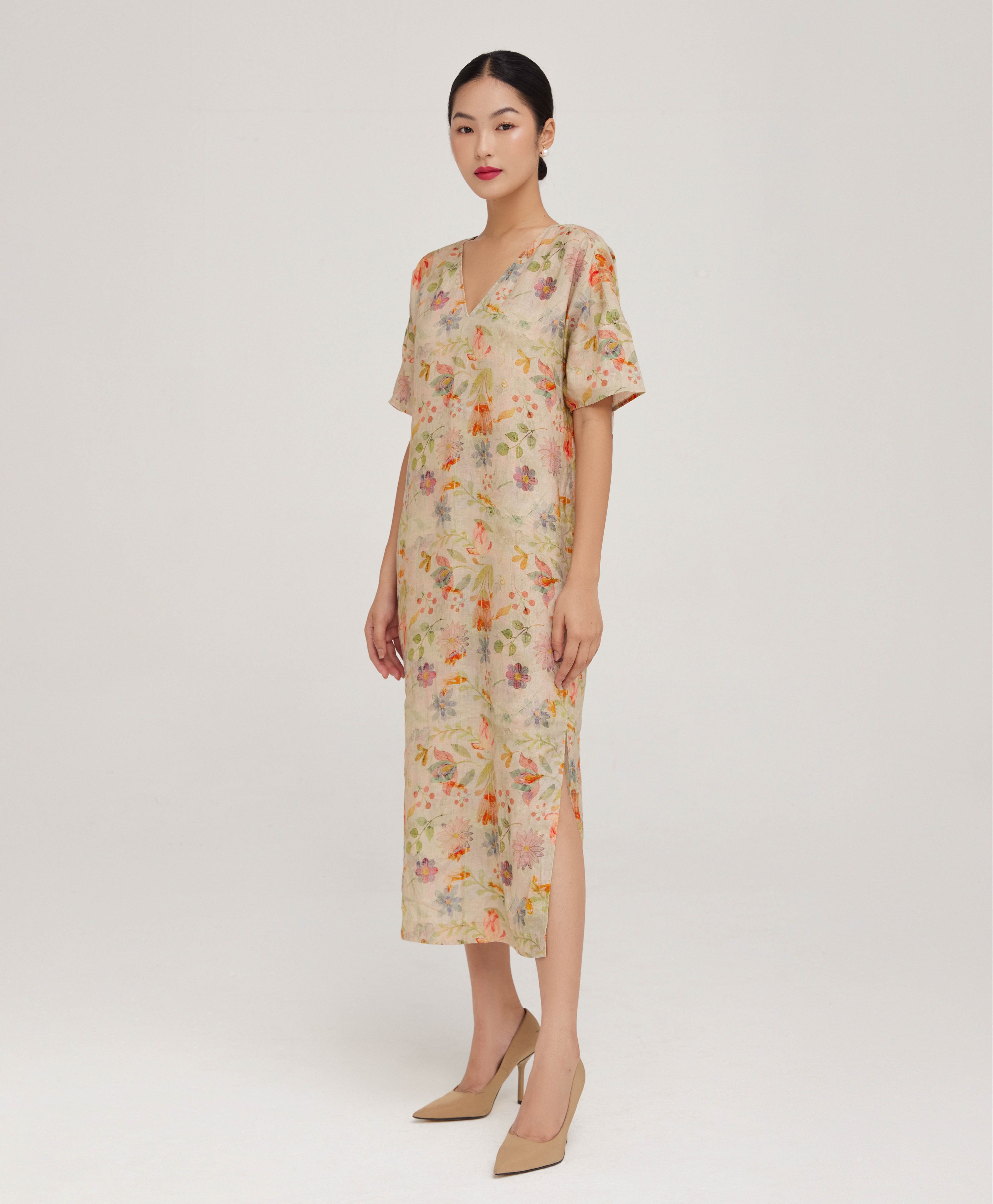 Đầm linen in hoa Mauve V dress