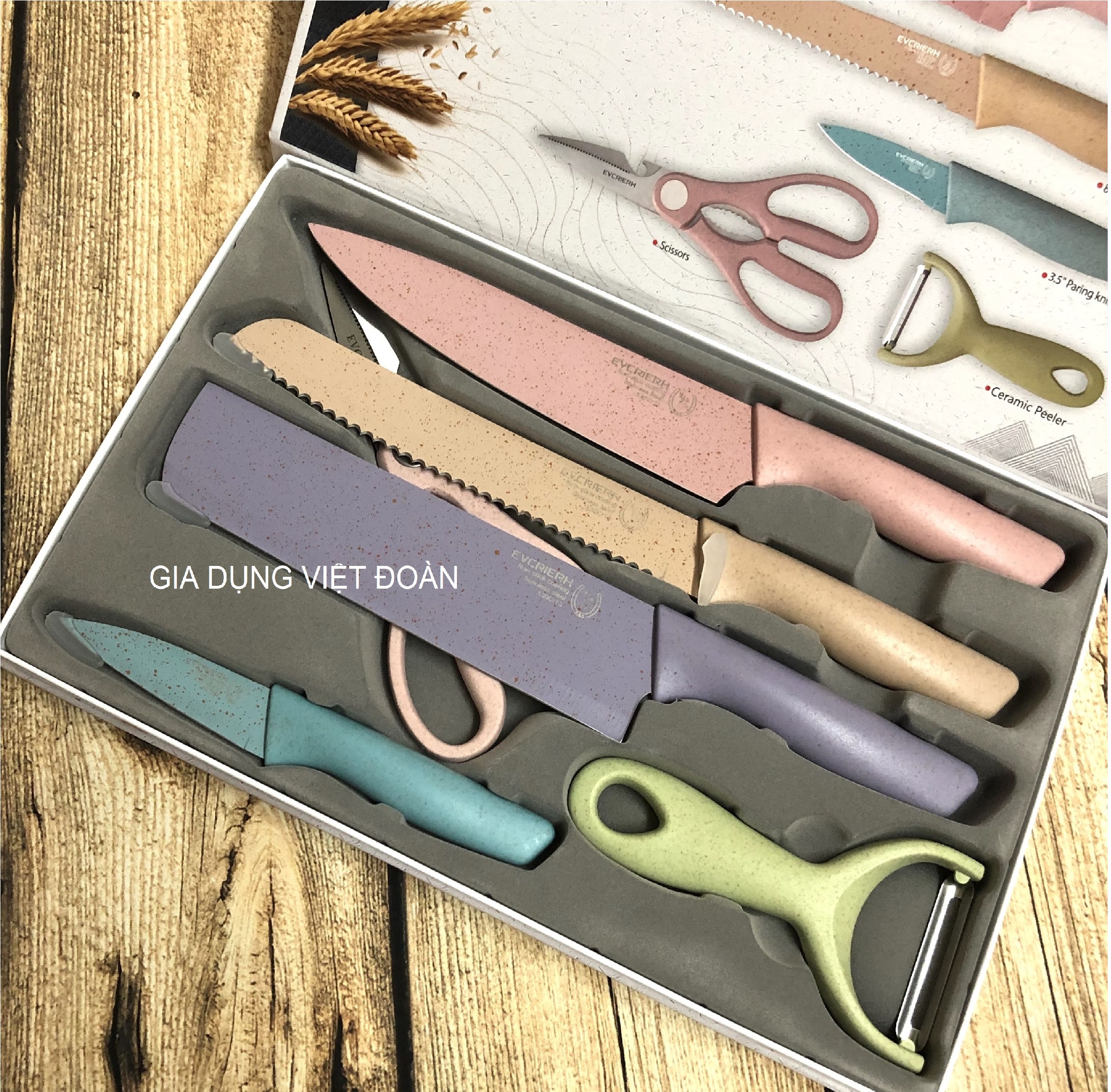 Bộ 6 Dao kéo NHỰA LÚA MẠCH EVCRIERH chống dính, dễ dàng vệ sinh, an toàn cho sức khỏe, Sp tạo ĐẲNG CẤP cho phòng bếp SANG TRỌNG - Bộ dụng cụ có mã ER 0278  - Corrugated Kitchen Knife