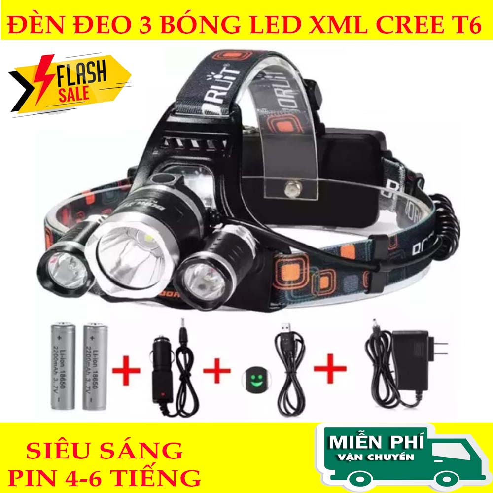 Đèn pin đội đầu siêu sáng - đèn đeo bắt ếch pin khỏe - đèn pin đội đầu 3 bóng led siêu sáng, đèn đeo đầu 3 bóng công nghệ led xml cree t6 cực hot hiện nay - uy tín bảo hành 1 đổi 1