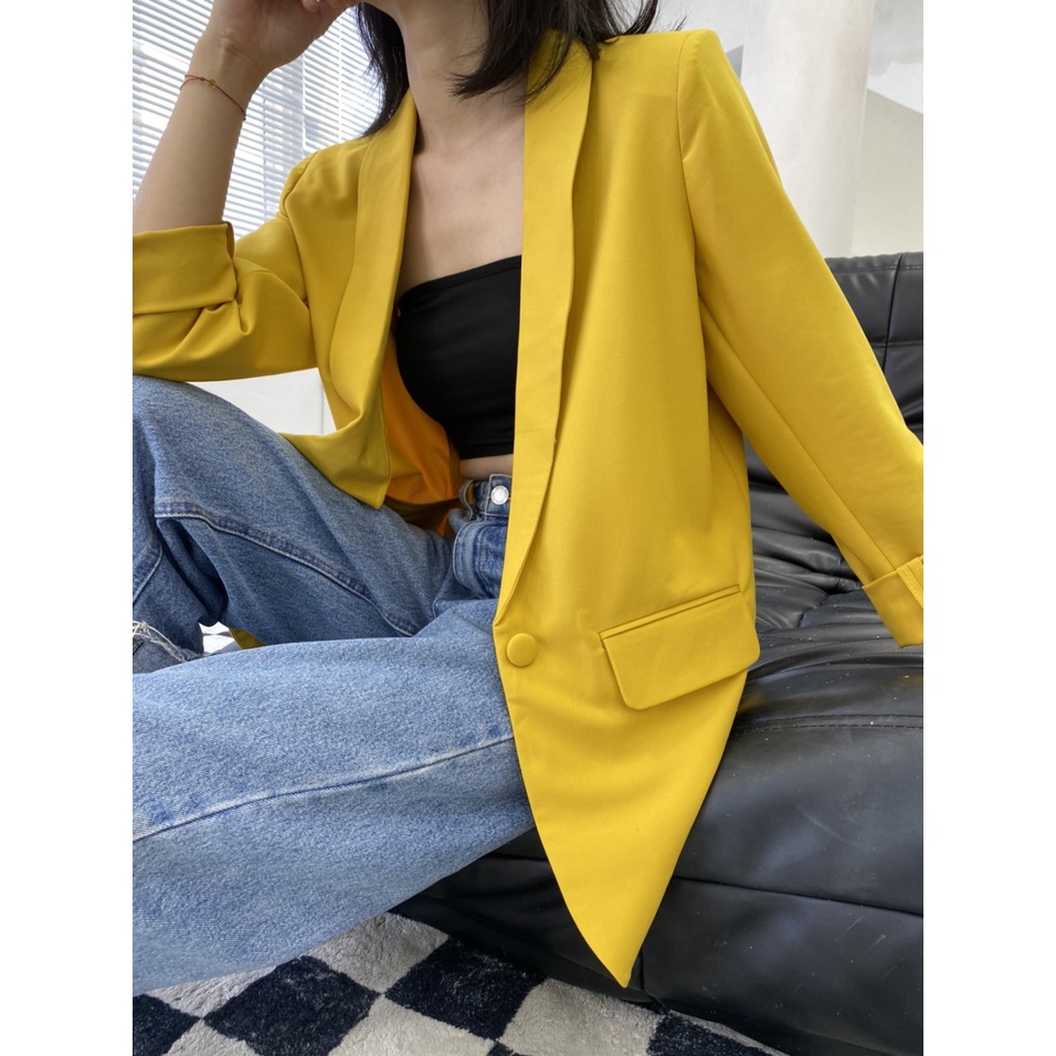 Áo vest nữ blazer KHÀN màu vàng cổ bầu basic áo khoác công sở tay dài 1 lớp phong cách Hàn Quốc thanh lịch
