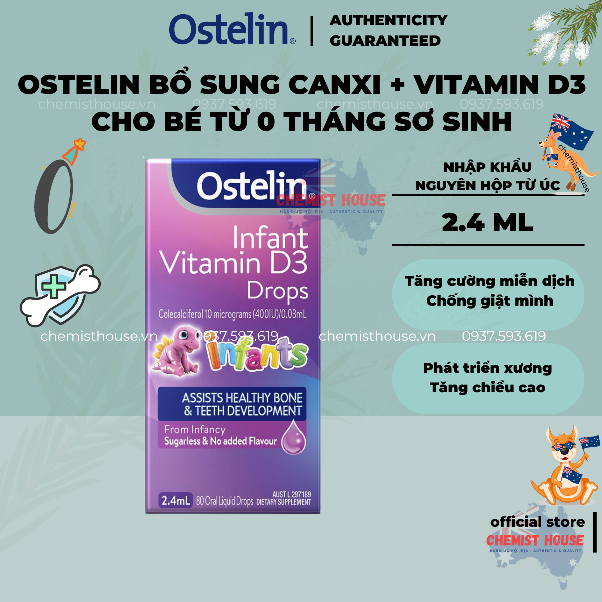 Ostelin Infant Vitamin D3 Drops - Bổ sung canxi nước nhỏ giọt cho bé sơ sinh từ 0-6 tháng chai 2.4ml