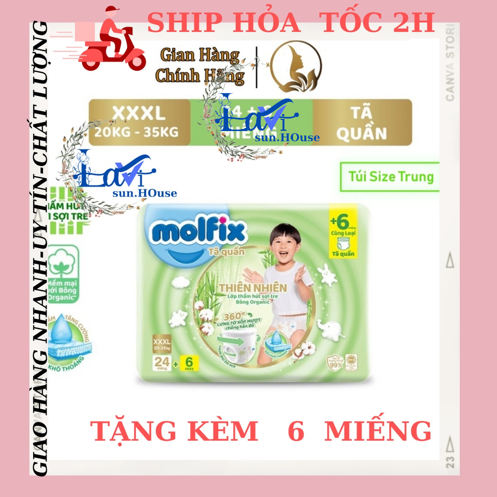 Tã molfix quần xxxl24 tặng 6 miếng thiên nhiên an toàn bông tự nhiên jumbo xxxl30 miếng