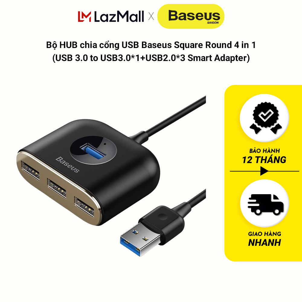 Bộ HUB chia cổng USB Baseus Square Round 4 in 1 (USB 3.0 to USB3.0*1+USB2.0*3 Smart Adapter)
