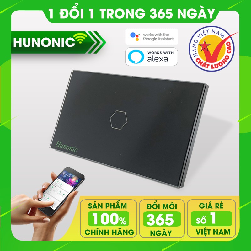 [ Hàng Việt Nam Chất Lượng Cao ] Công tắc thông minh Hunonic 1 nút hỗ trợ Google Assistant . Công tắc cảm ứng WIFI kính cường lực- Công tắc điện 2 màu đen trắng - BH 12 tháng