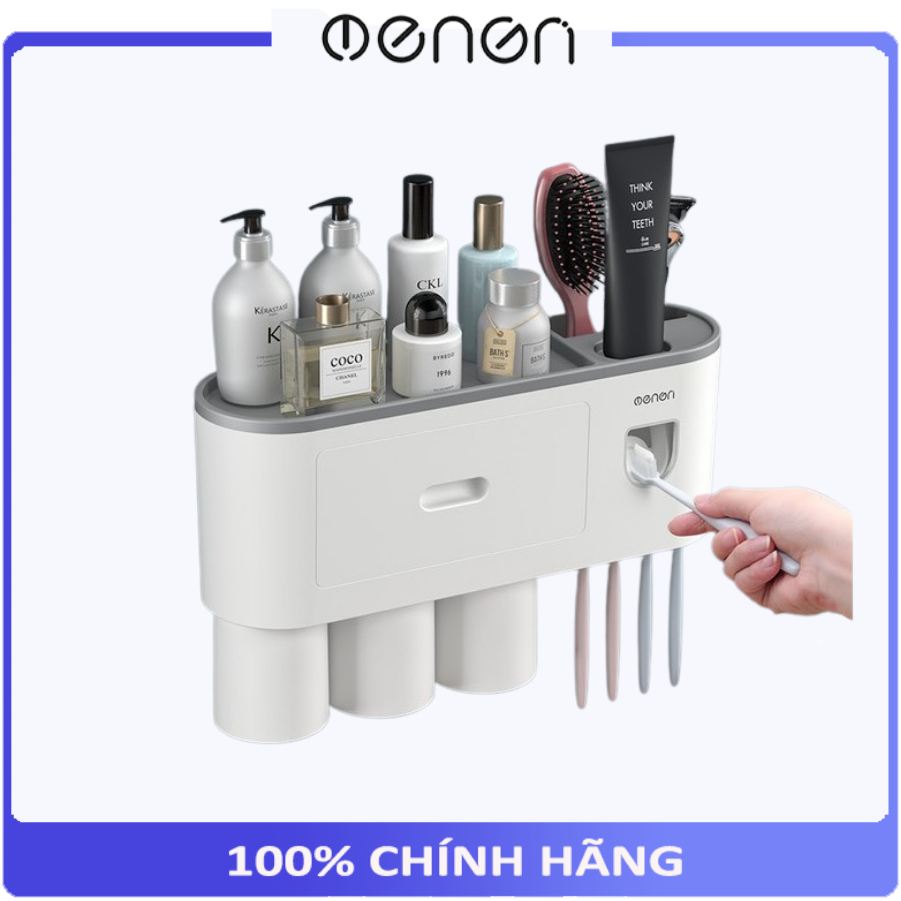 Kệ Đựng Đồ Nhà Tắm Thông Minh Đựng Bàn Chải, Kem Đánh Răng- Kèm Cốc Hút Từ Tính Có Nhả Kem Đánh Răng Tự Động, Lắp Đặt Dính Tường, Máy nhả kem đánh răng 2 cốc