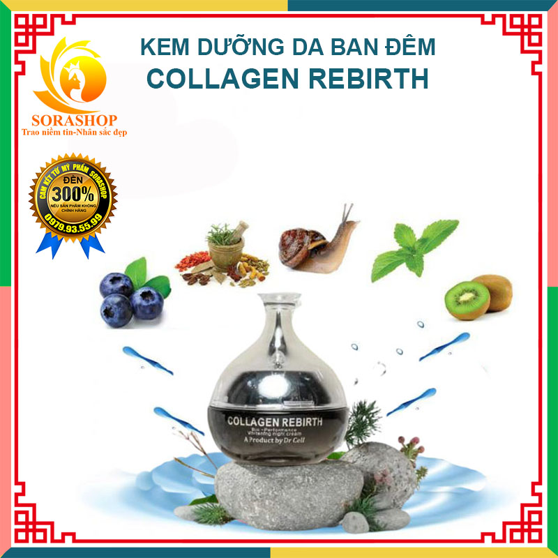 Kem dưỡng da ban đêm collagen rebirth dr cell, kem collagen tái tạo da, làm mờ vết thâm nám, chống lão hóa, se khít lỗ chân lông, mờ nếp nhăn, chai 30ml