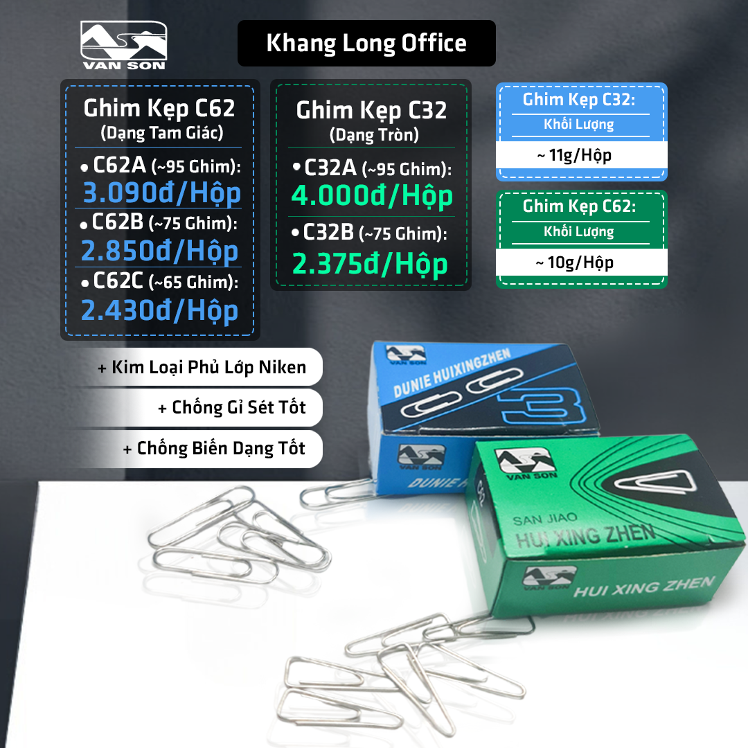 Kẹp giấy c62, c32 văn sơn, ghim kẹp giấy chống gỉ sét, đầu tròn, đầu tam giác