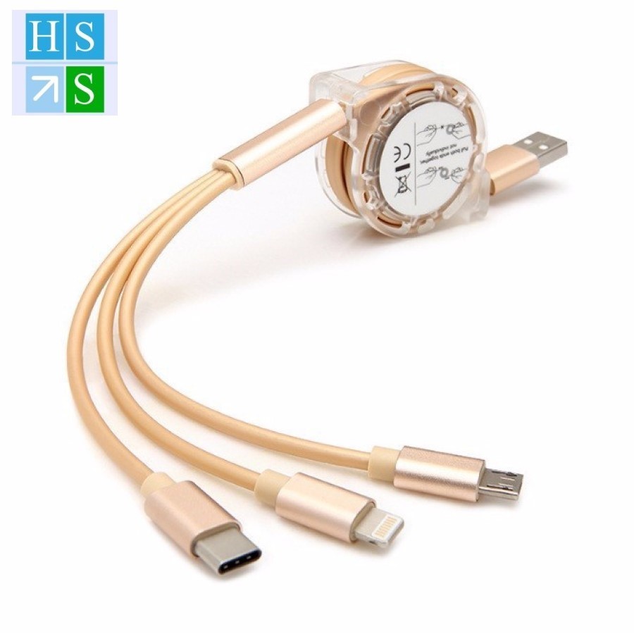 Cáp sạc 3 đầu dây rút tiện lợi 3 in 1 - micro - type c - lightning