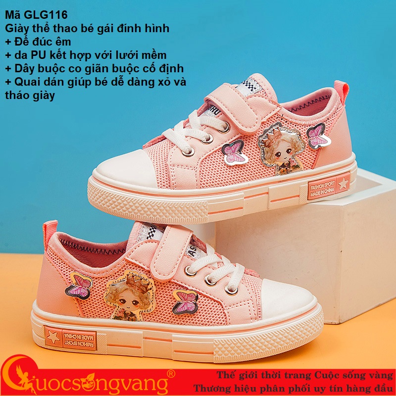 Giày thể thao bé giá quai dán giày bé gái thể thao đính hình GLG116