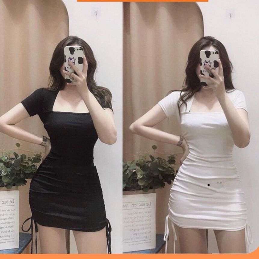 Váy body - Đầm body nữ dài tay cổ vuông nhún sườn chất đẹp