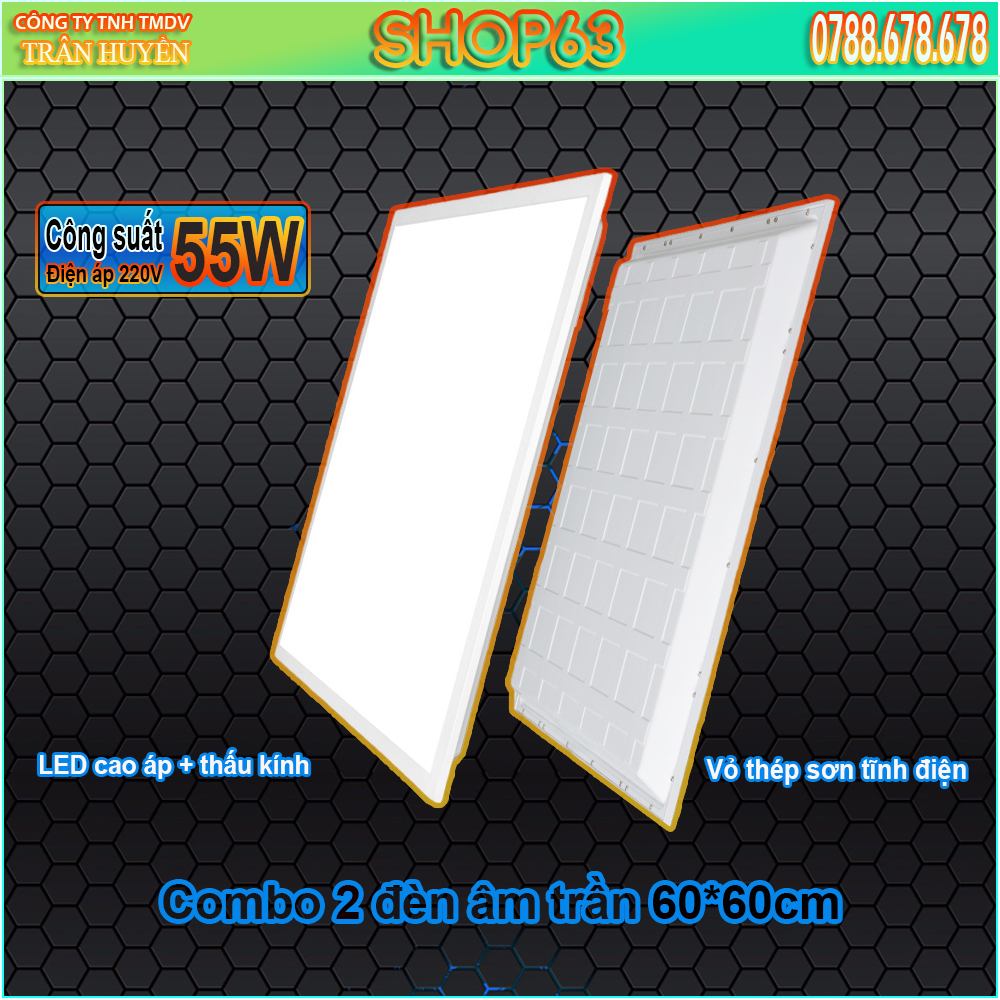 Combo 2 đèn âm trần vuông 60x60cm công suất 55W ánh sáng trắng siêu sáng - đèn gắn trần thạch cao - đèn trần văn phòng