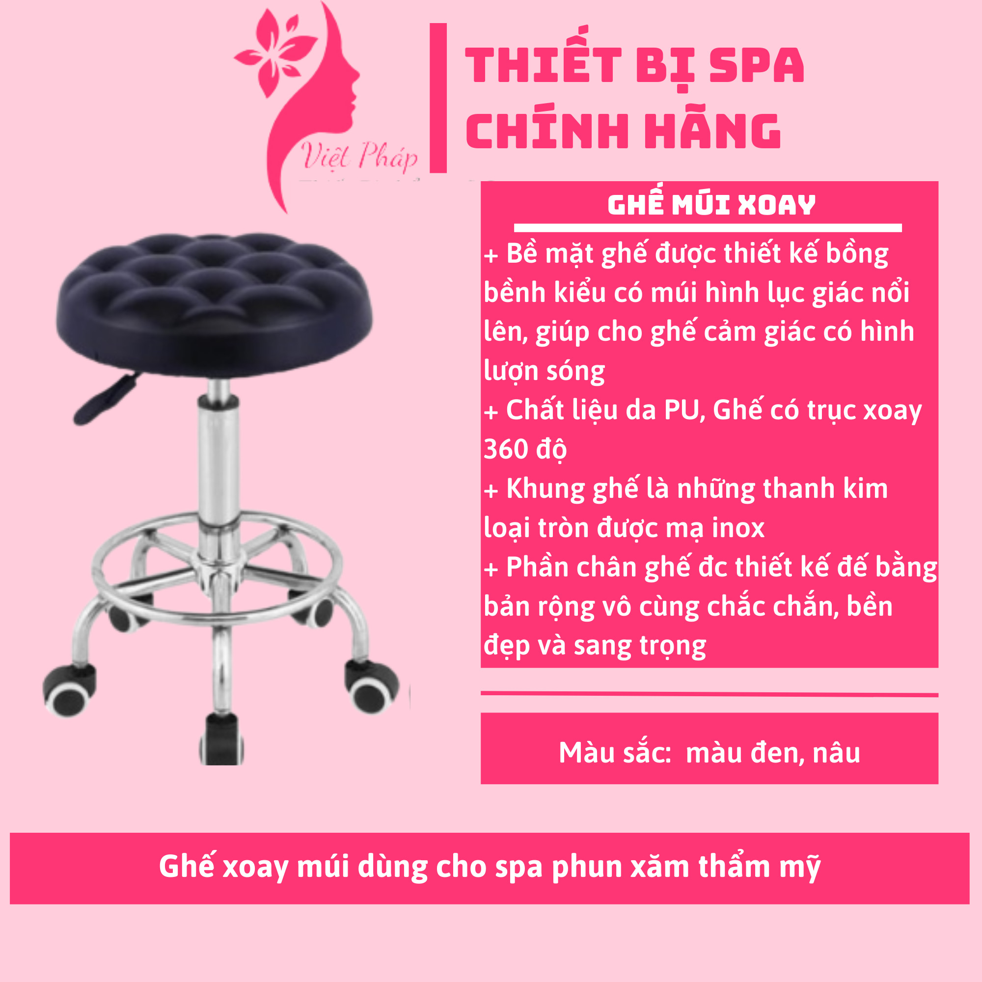Ghế xoay spa ghế nail có đôn hơi chỉnh cao thấp