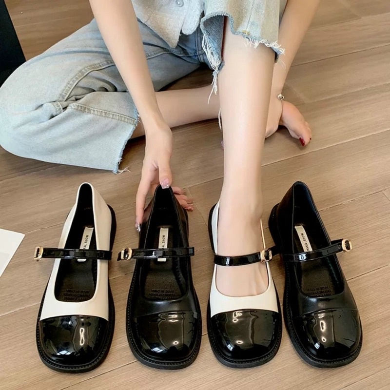Giày Búp Bê Marry Jane quai đơn phối màu da bóng | Giày đế bằng nữ 3cm phong cách Lolita | Minh Thư Shoes