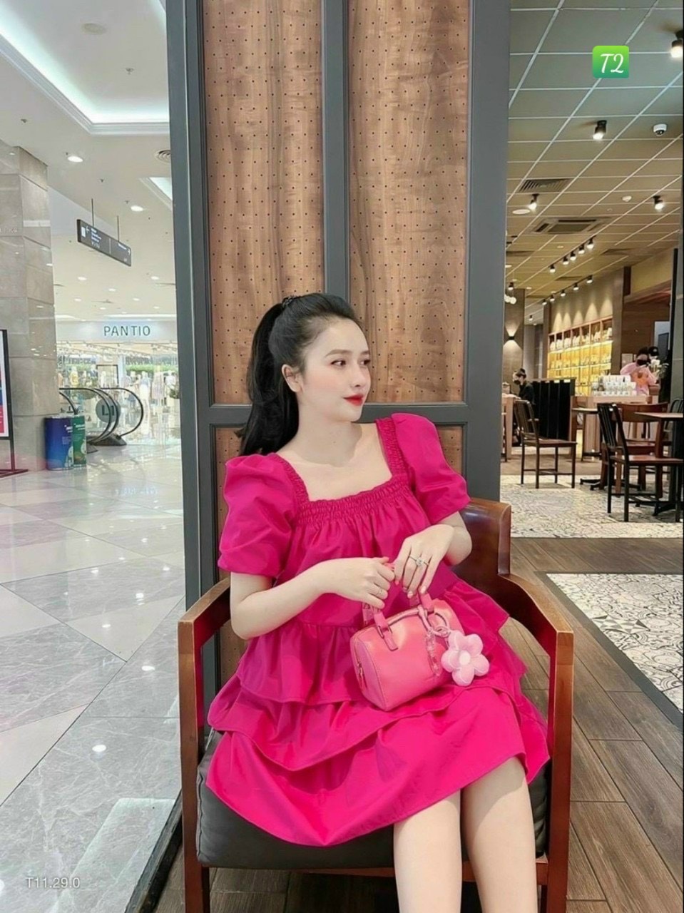 Đầm bầu voan lụa xếp tầng cổ vuông bo nhún tay ngắn bồng bềnh ttsa1994