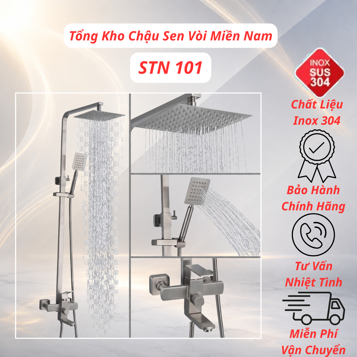 Sen cây tắm đứng kiểu Vuông STN 101 inox 304 cú đúc dày dặn, bát sen vuông 25x25cm - Sen cây cao cấp