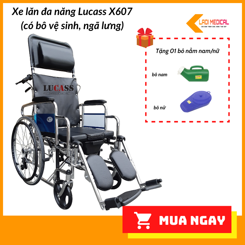 Xe lăn đa năng Lucass X607 (có bô vệ sinh, ngã lưng)
