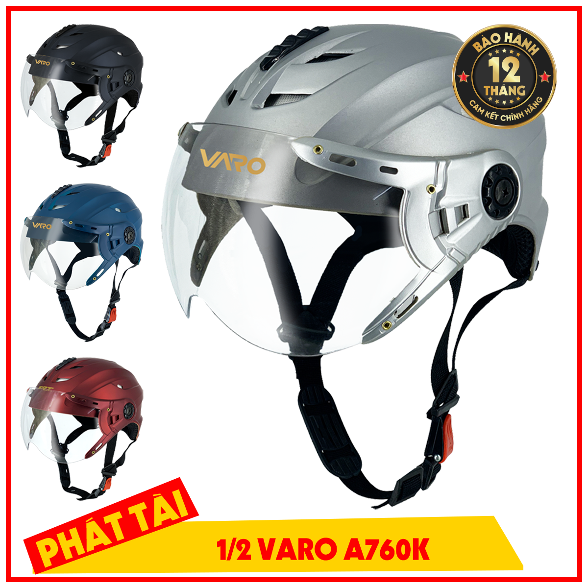 Mũ bảo hiểm 1/2 kính varo a760k - nón 1/2 kính - lồng ép cao cấp