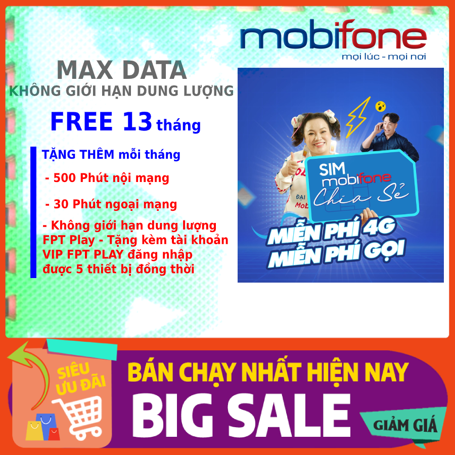 [HCM][Free 1 năm 1 tháng TỔNG 13 tháng] TRÙM CUỐI DATA không giới hạn 4G | 10 số (09) Tặng kèm 1 tài khoản víp FPT PLAY ( free DaTa FPT) + 500p nội mạng + 30 Liên mạng + 3GB Viber