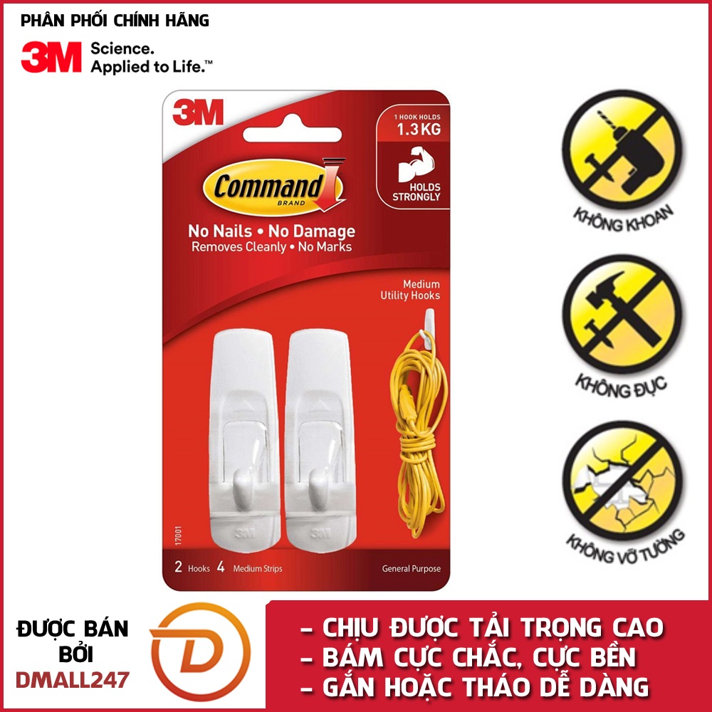 Bộ 2 móc treo tường cường lực siêu dính 1.3kg Command 3M 17001 - Dmall247, móc dán tường, siêu dính, bền bĩ