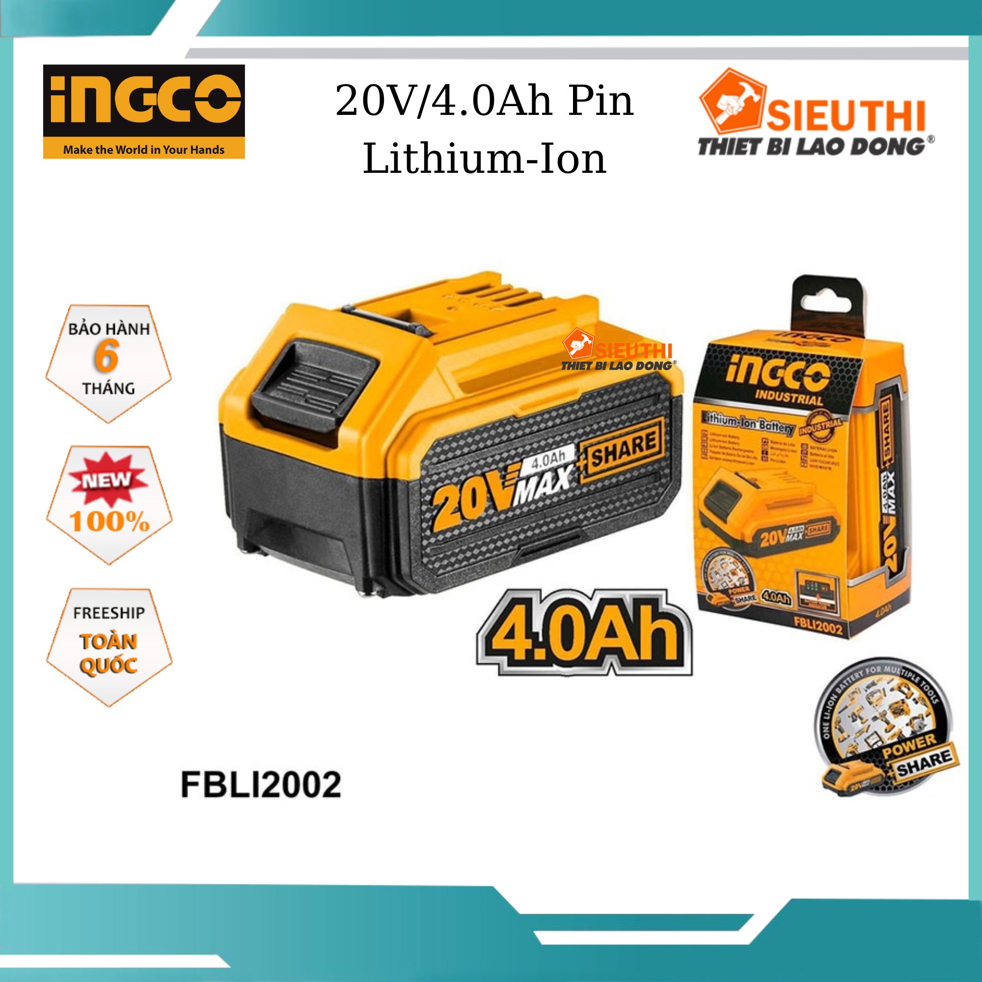 Pin lithium 20v/4ah ingco fbli2002 chính hãng