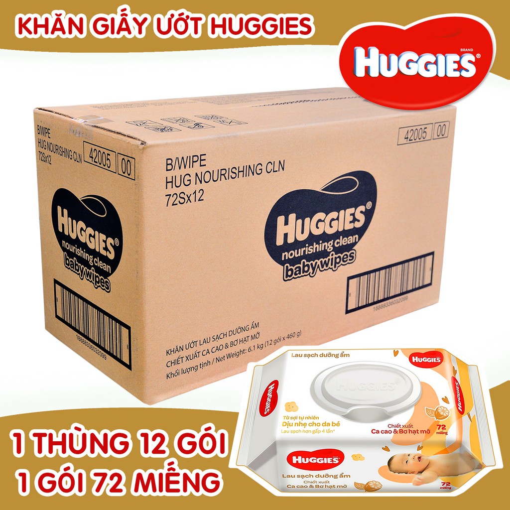[HCM]Combo 12 gói Khăn giấy ướt Huggies cacao và bơ hạt mỡ 72 miếng