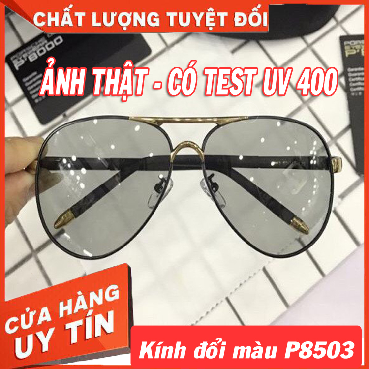 Kính mát nam cao cấp đẹp P8503 (posche đổi màu)  TẶNG HỘP KÍNH + KHĂN LAU, Kính mát nam, Kính mát 8503, Video test đổi màu và test UV - Mắt kính nam đổi màu dùng cho ngày và đêm -Kính đổi màu( trong suốt) , kính không đổi màu