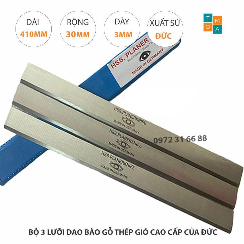 BỘ 3 LƯỠI DAO BÀO GỖ THÉP HSS CAO CẤP 410x30x3MM CỦA ĐỨC - LƯỠI DAO BÀO CON MẮT
