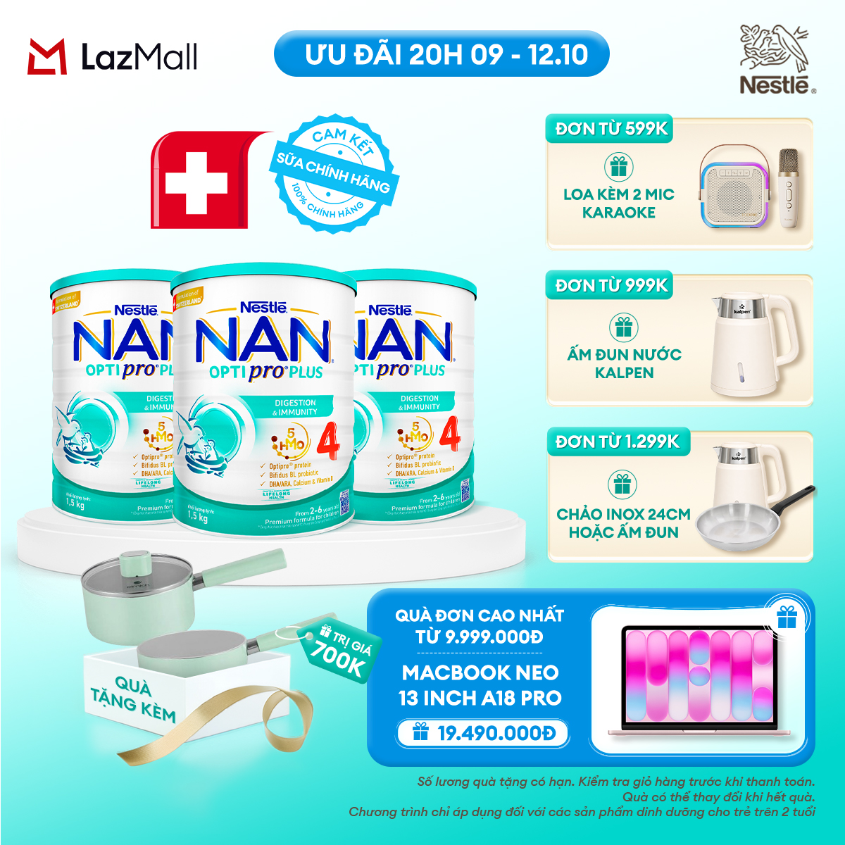 [CHỈ 20h 9-12.10 QT ĐƠN 599K/999K/1299K] [Tặng Bộ chảo quánh elmich] Bộ 3 lon Sữa bột Nestlé NAN OPTIPRO PLUS 4 1500g/lon với 5HMO Giúp tiêu hóa tốt