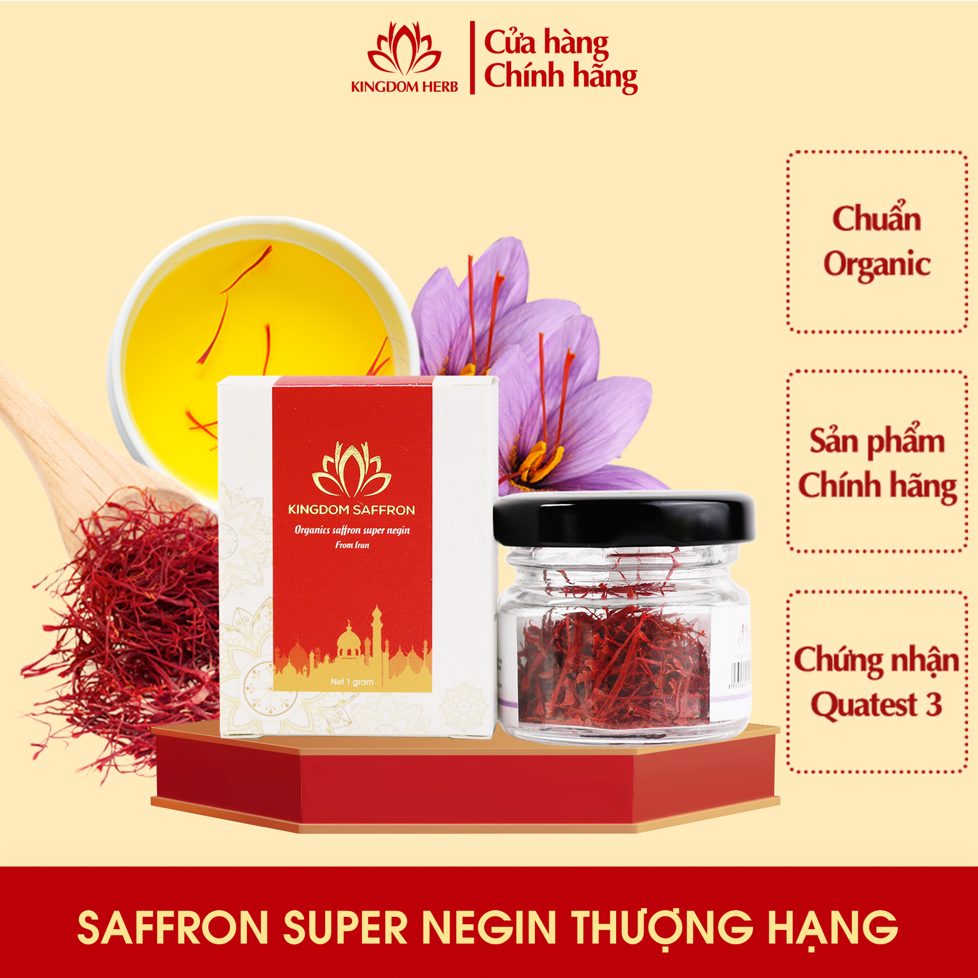 Nhụy hoa nghệ tây saffron Kingdom Herb Iran chính hãng hữu cơ super negin thượng hạng hộp 1 gram